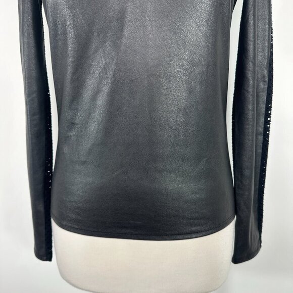 NWT BCBG MAX AZRIA Callan Long Sleeve Faux Leather Mesh Contrast Back Top XXS - Picture 5 of 13